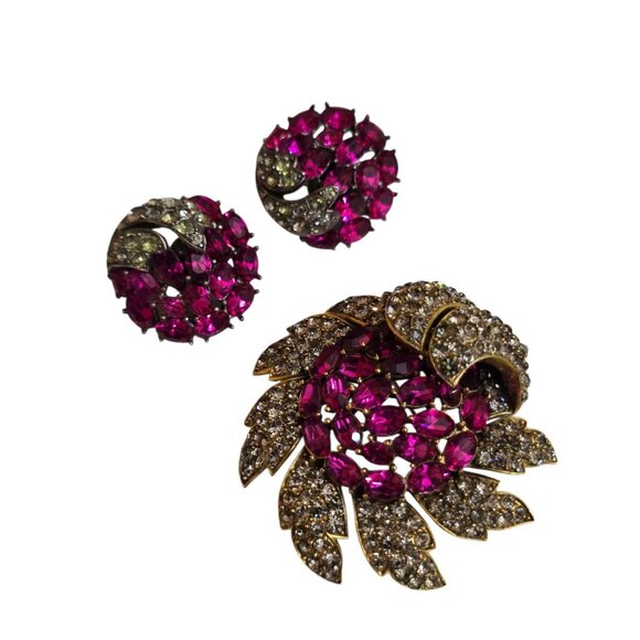 Alfred Philippe Trifari Rare Diamonte Flower Brooch & Clip-On Earrings Set - Picture 2 of 13